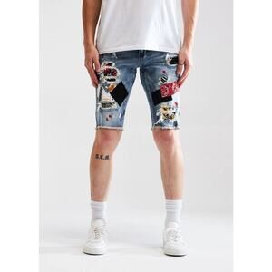 Embellish NYC Men's Rip & Repair Patchwork Distressed Skinny Denim Jean Shorts